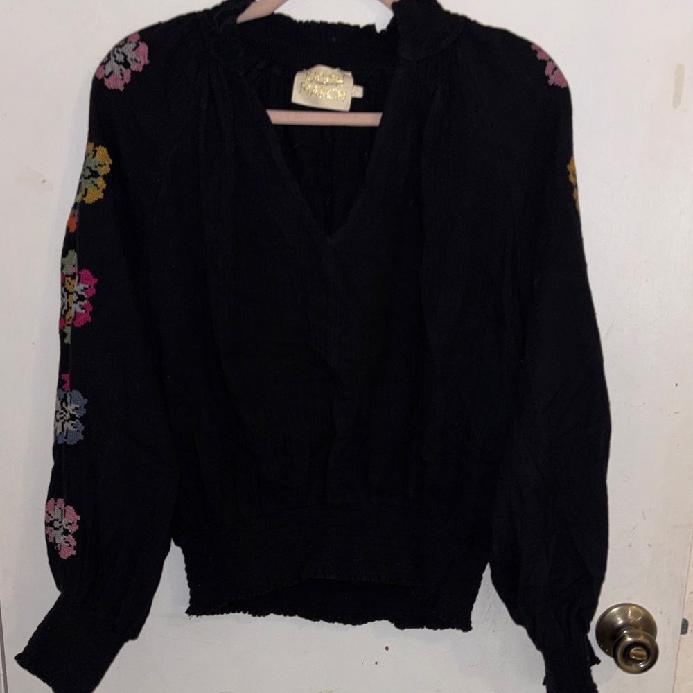 Judith March Black Top with Floral Embroidery
